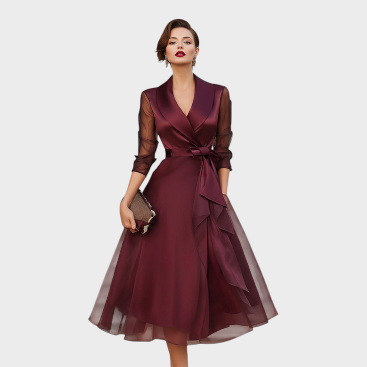 Women's formal burgundy midi wrap dress with sophisticated mesh sleeves and a flattering fit for evening wear.