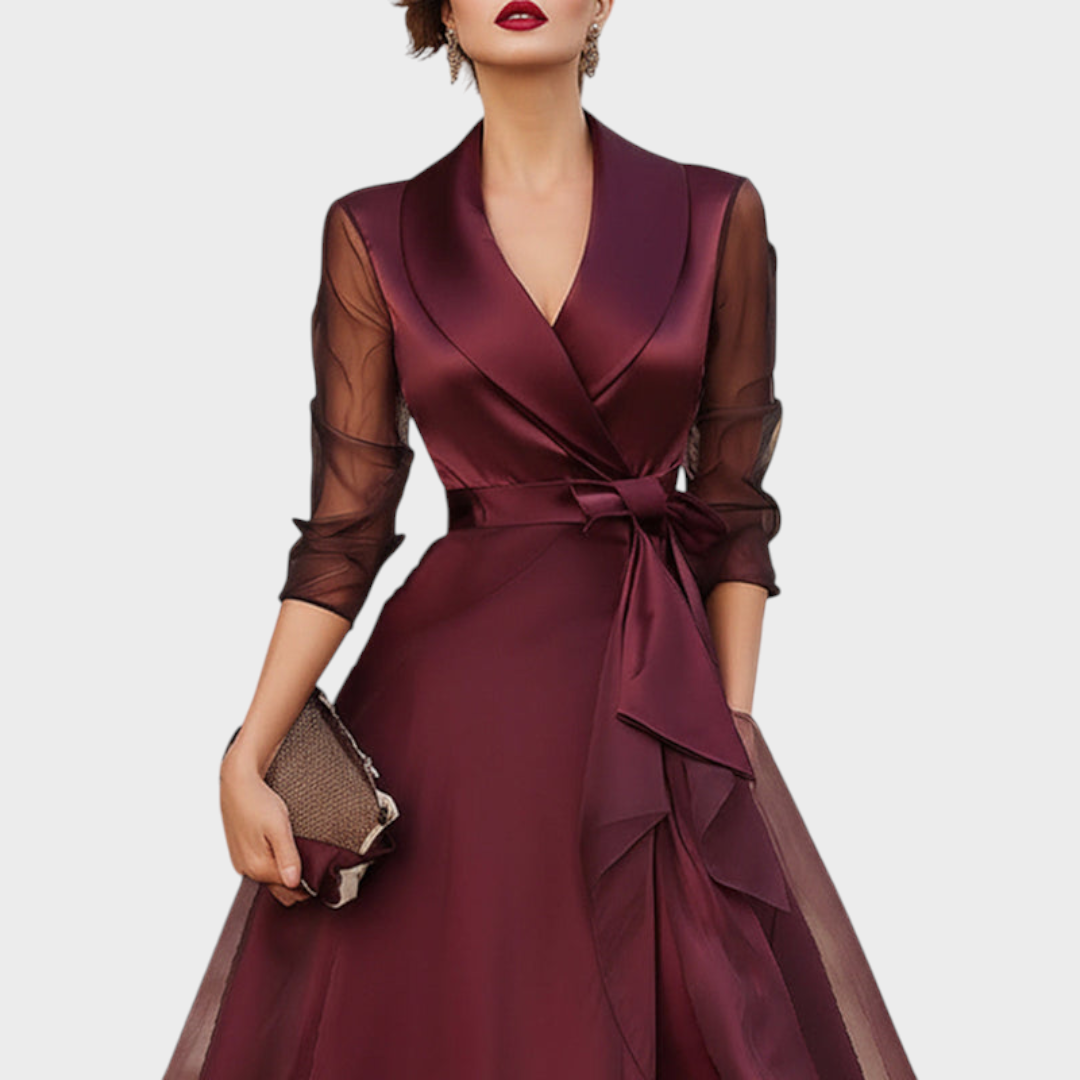 Stylish women's burgundy midi cocktail dress with elegant wrap design & sheer mesh sleeves, suitable for parties.