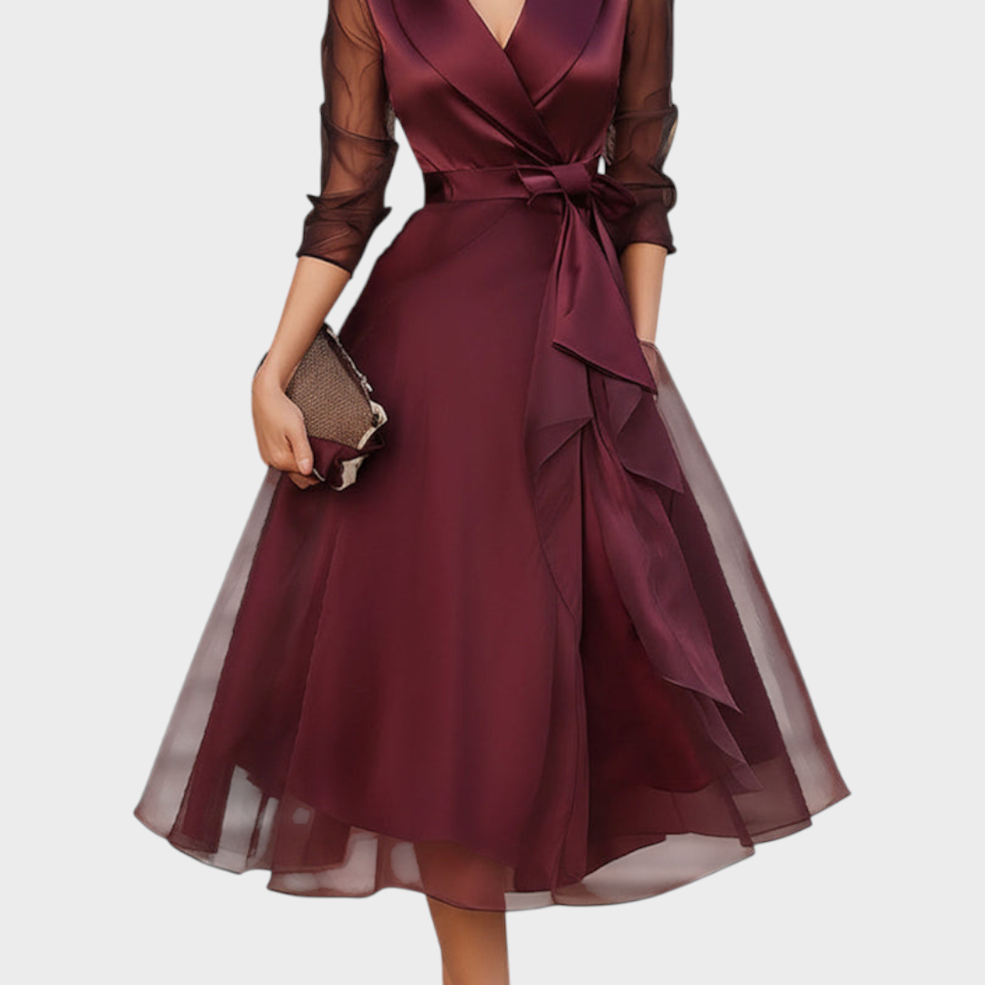 Chic women's party wrap midi dress in burgundy with unique mesh sleeves, perfect for evening wear & special events.