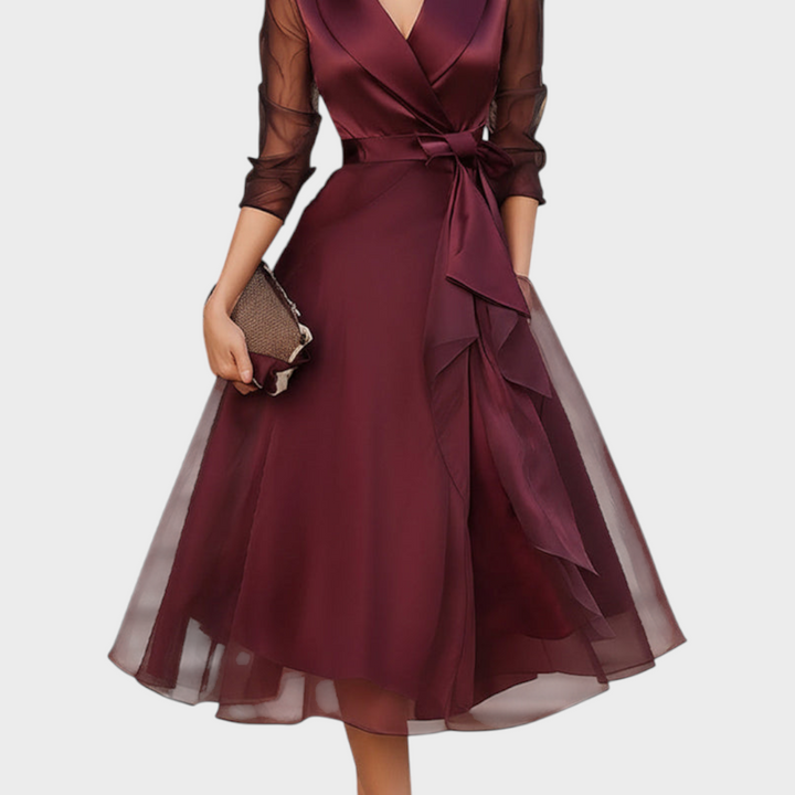 Chic women's party wrap midi dress in burgundy with unique mesh sleeves, perfect for evening wear & special events.