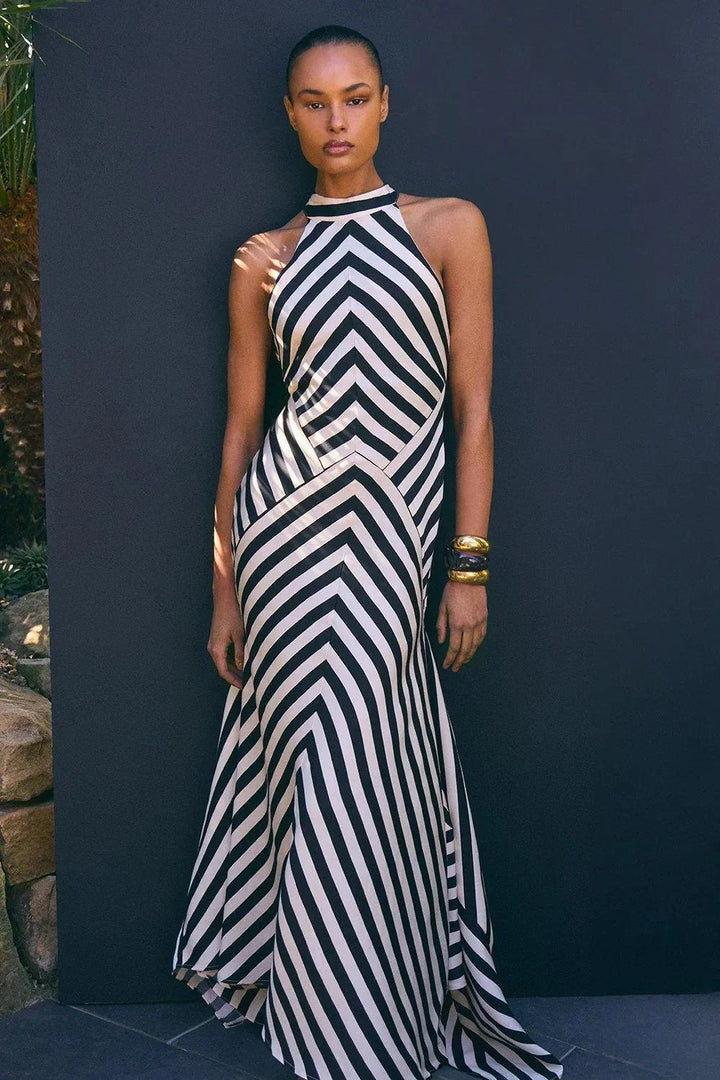 Beautiful women's chevron print halter maxi dress, a refined formal evening gown for elegant parties.