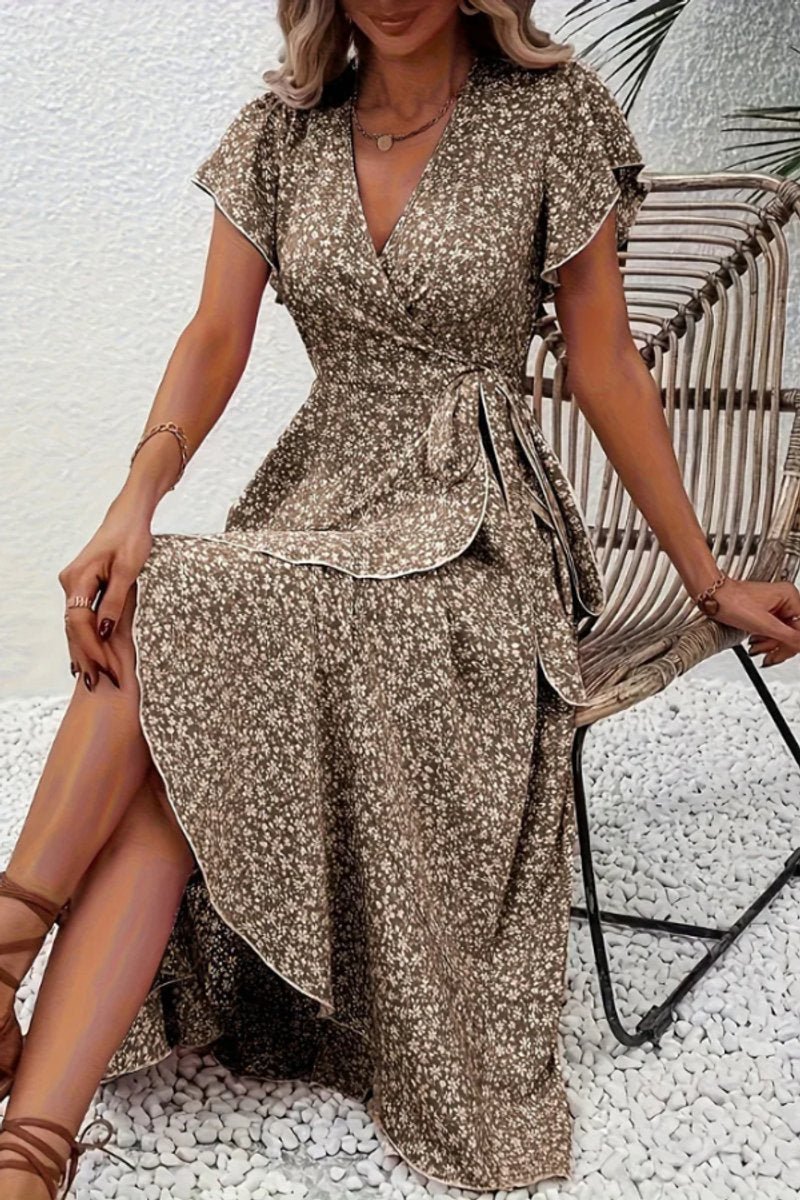 Elegant floral wrap midi dress for women, perfect for races & summer parties.