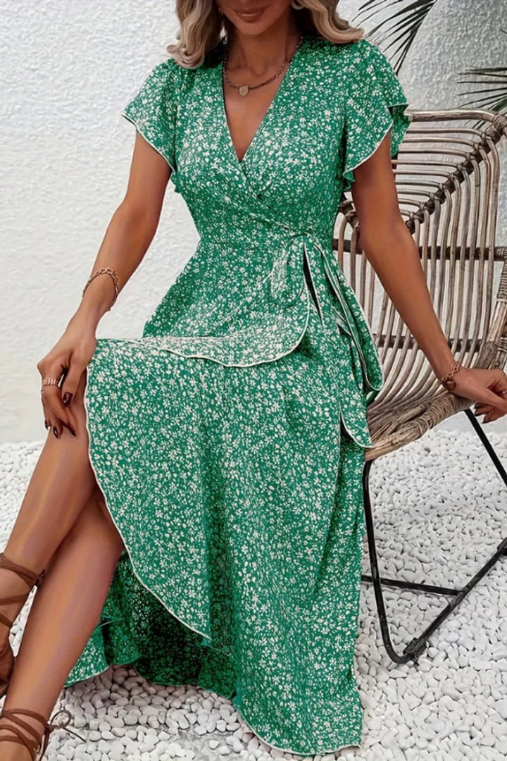 Pretty floral midi dress for women, classic wrap style & tiered skirt, party ready.
