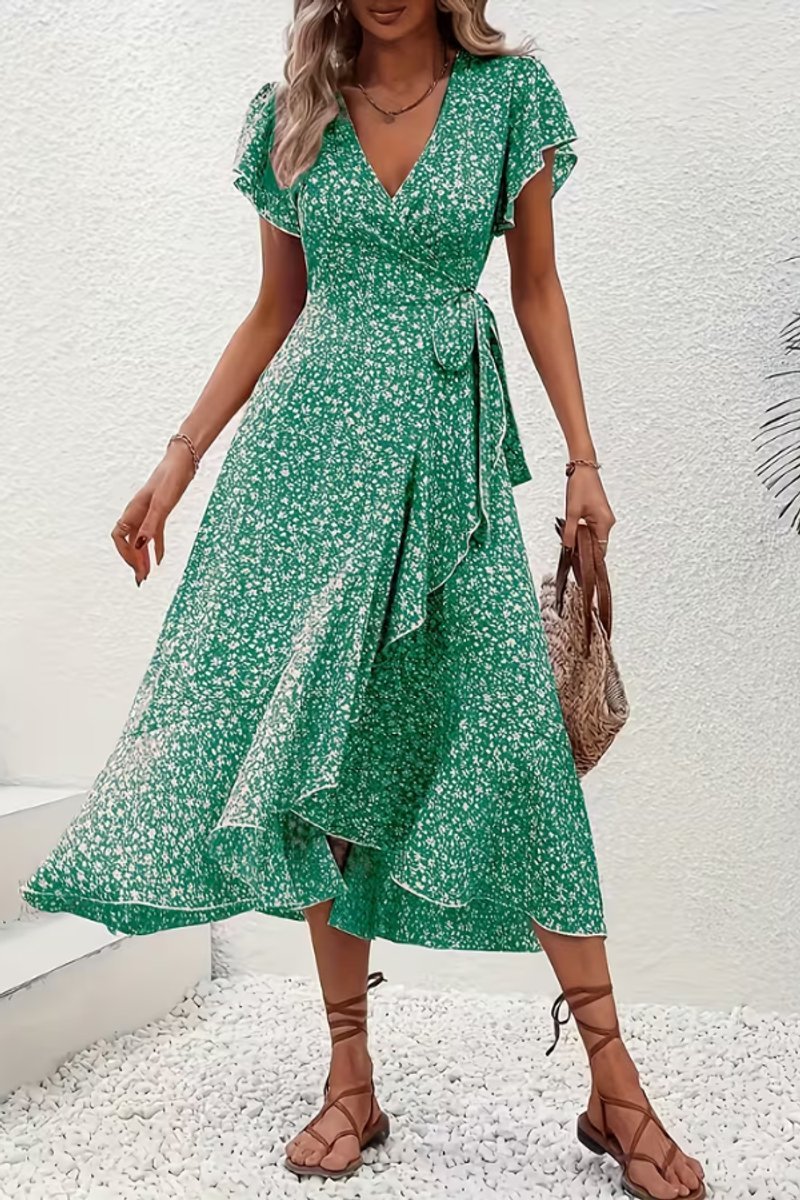 Sophisticated women's floral midi wrap dress, ideal for races and elegant summer gatherings.