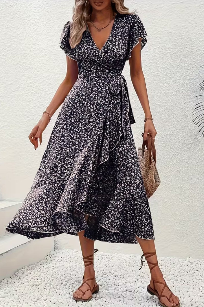Women's floral wrap midi dress, featuring a v-neck & tiered skirt for races or parties.