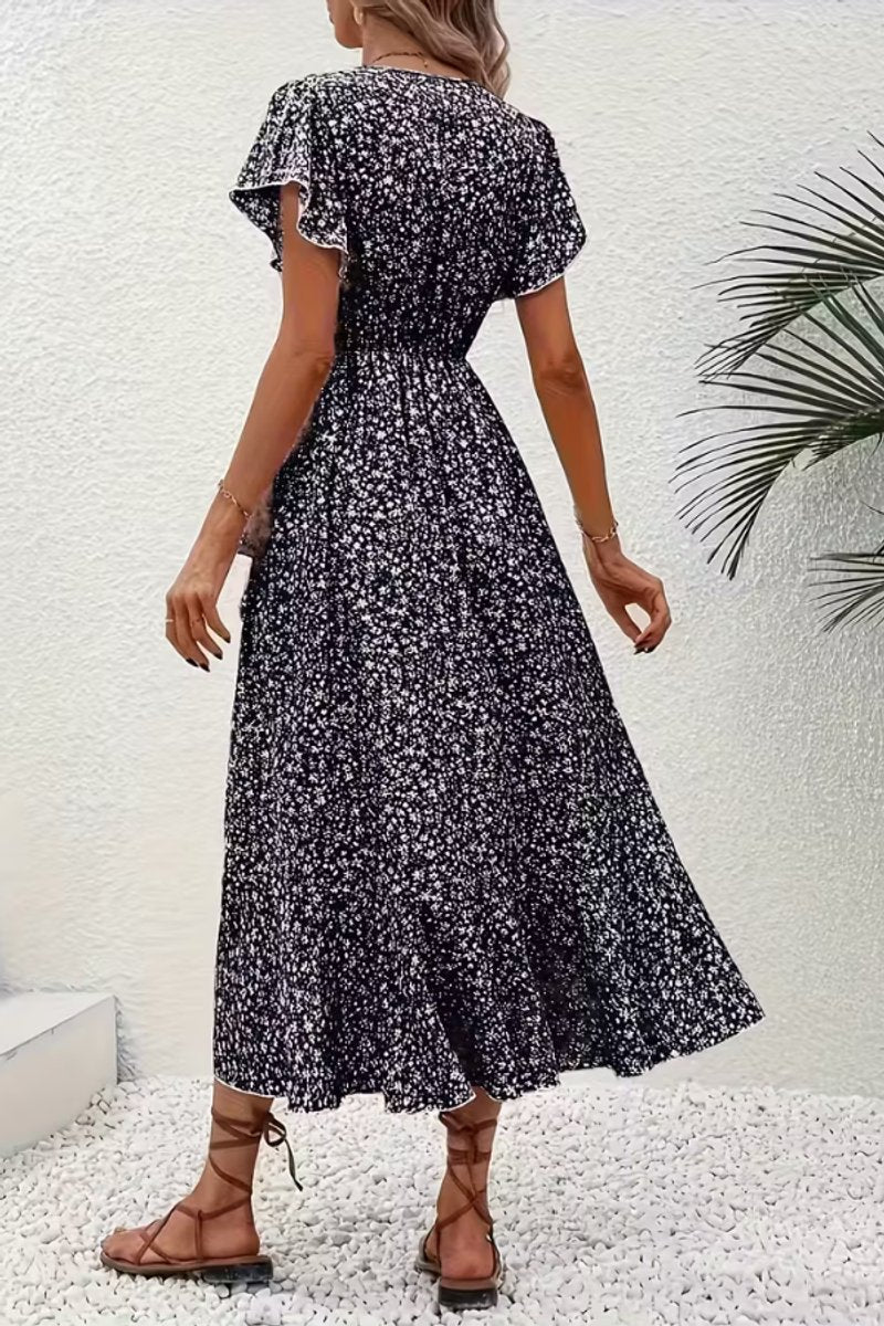 Refined floral midi dress, a perfect wrap style for women's summer parties & events.
