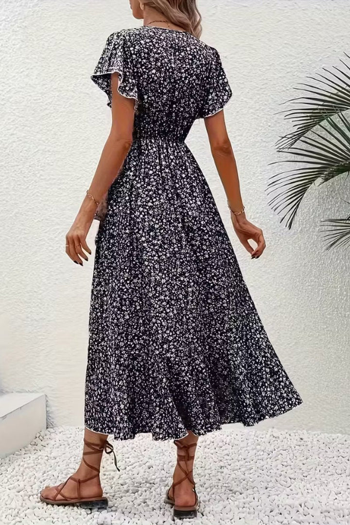 Refined floral midi dress, a perfect wrap style for women's summer parties & events.