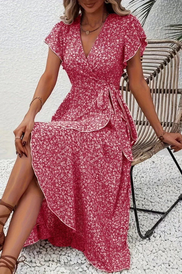 Summer-ready floral wrap midi dress, perfect for races, parties, and special occasions.