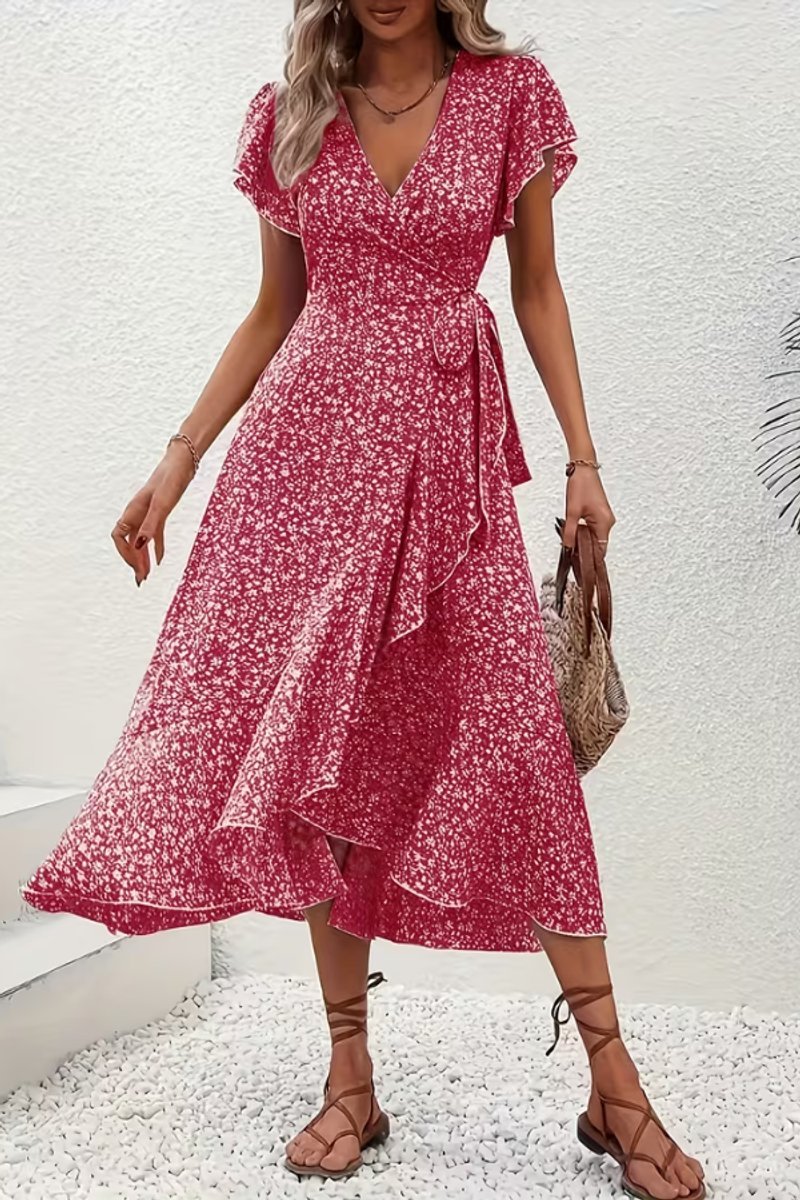 Women's elegant floral wrap midi dress with flutter sleeves and a flattering v-neck.