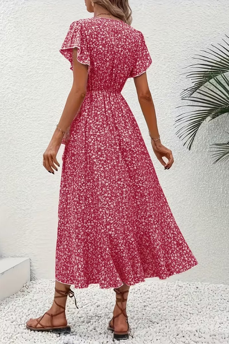 Beautiful floral print midi dress, women's wrap style, ideal for race day fashion.