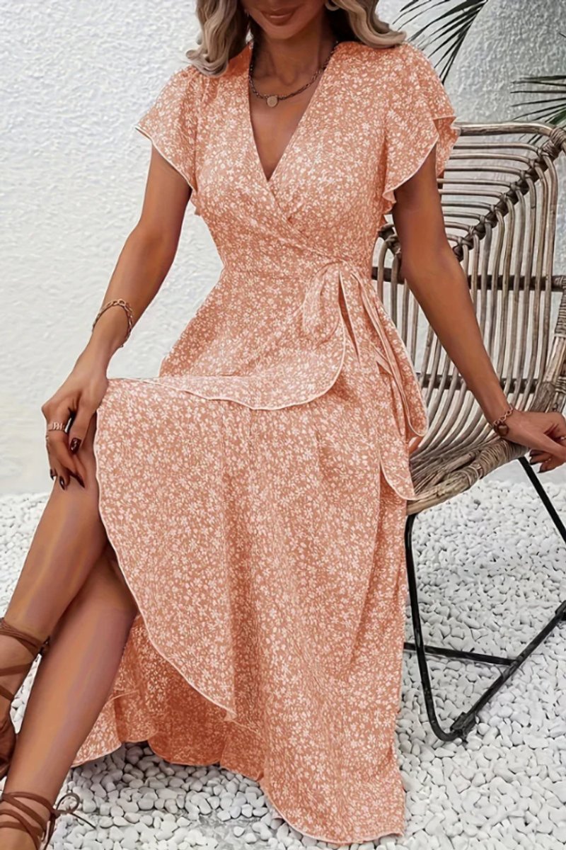 Sophisticated women's floral midi wrap dress, perfect for parties & summer occasions.