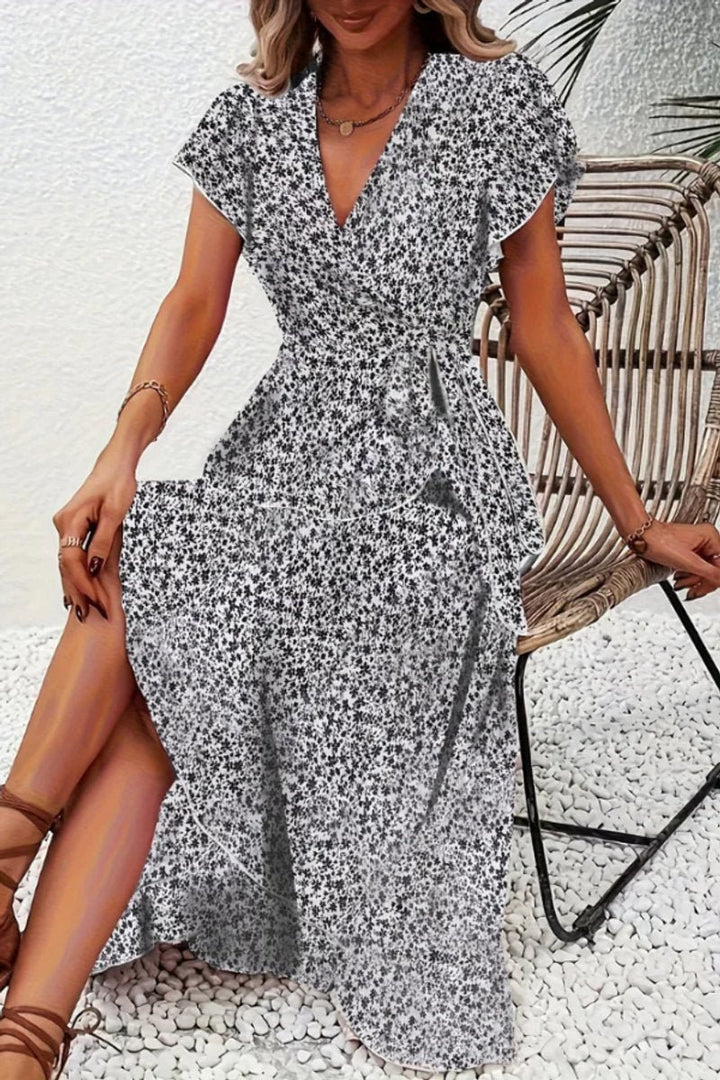 Beautiful women's floral midi dress, a sophisticated wrap design for races & events.
