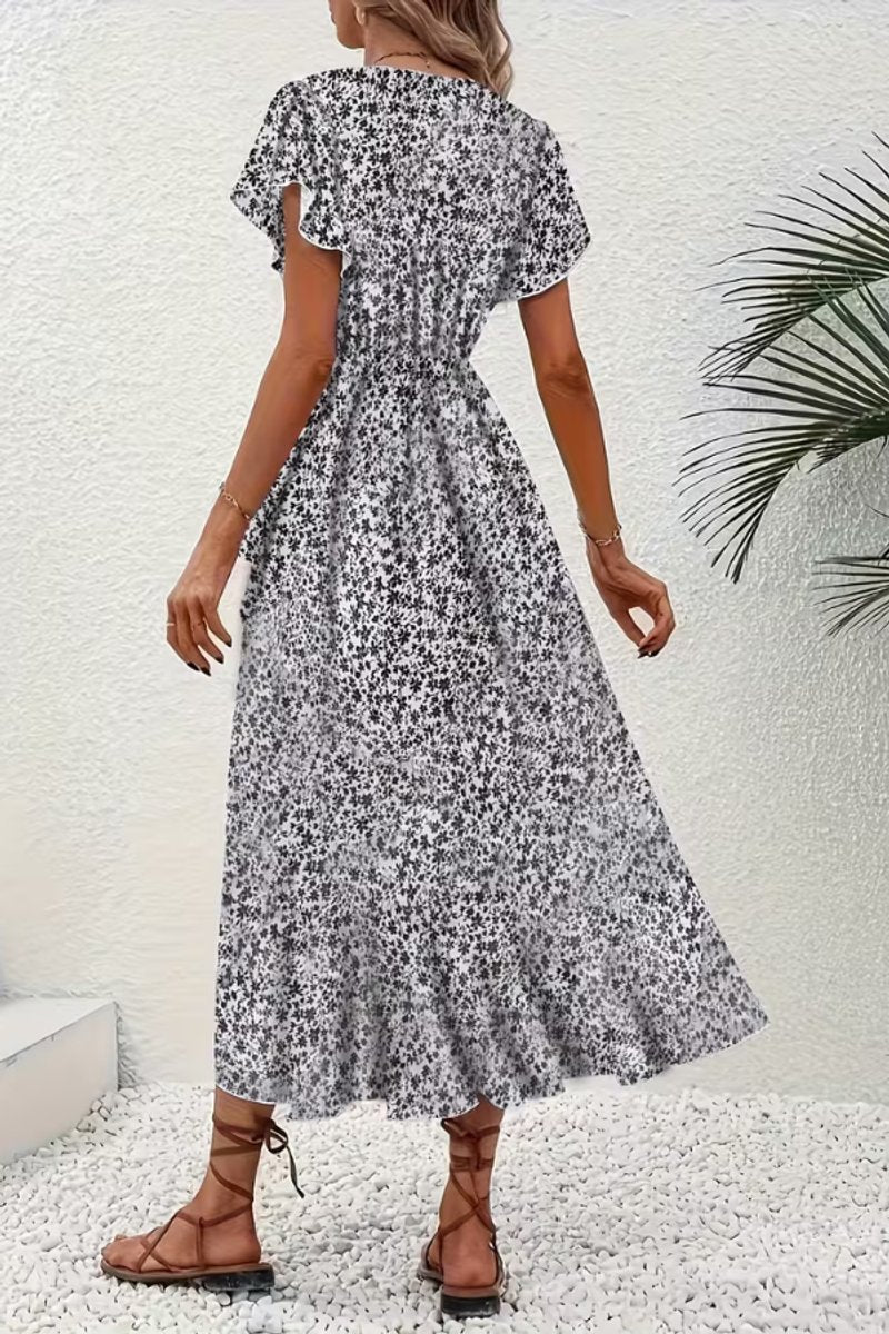 Summer floral midi wrap dress, perfect for garden parties or race day events.