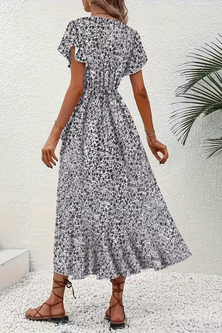 Summer floral midi wrap dress, perfect for garden parties or race day events.