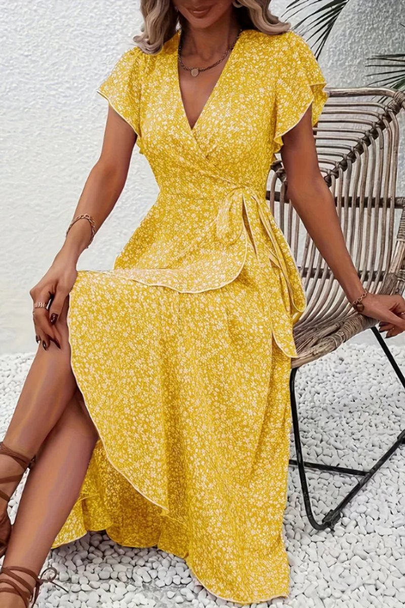 Women's occasion floral midi wrap dress, featuring a flattering v-neck & tiered design.