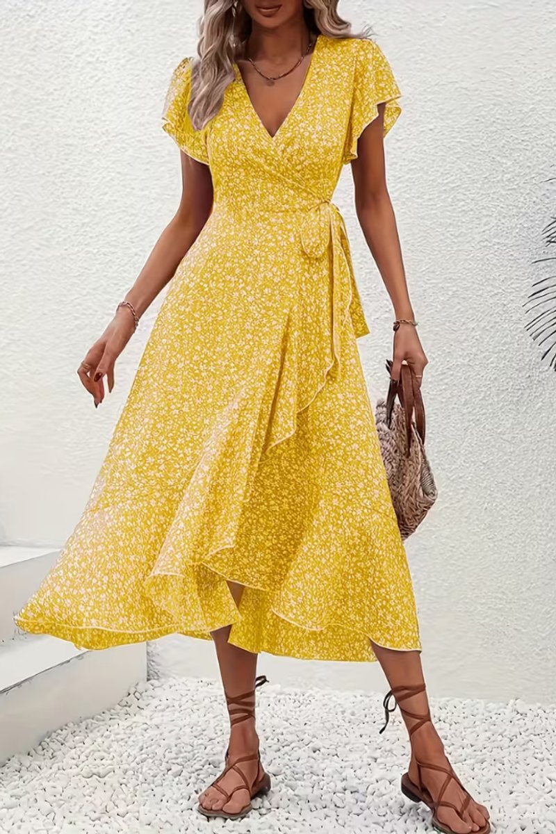Refined floral midi dress for women, elegant wrap style perfect for formal parties.
