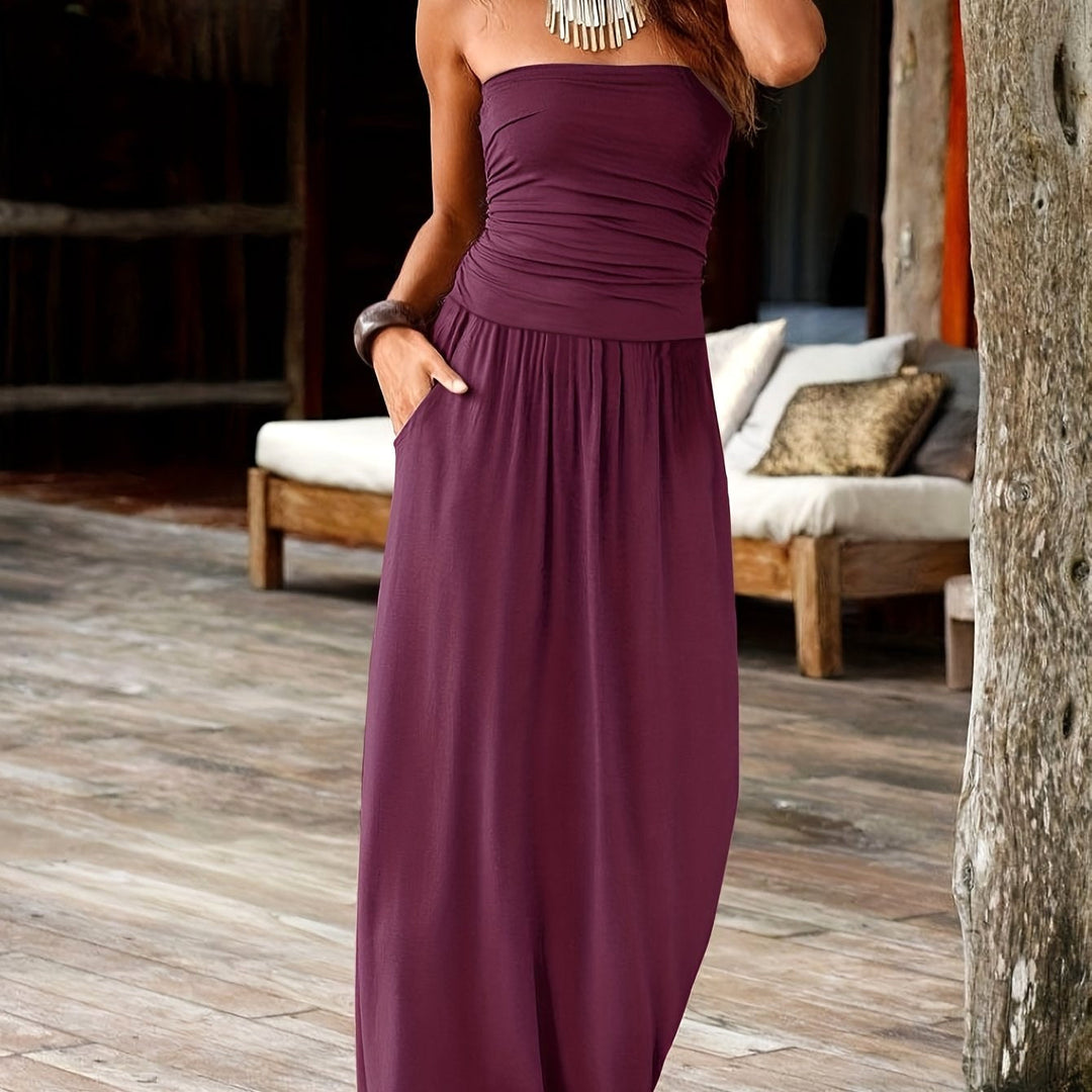 Fashionable evening wear bandeau midi dress with a flattering waist-cinching design.