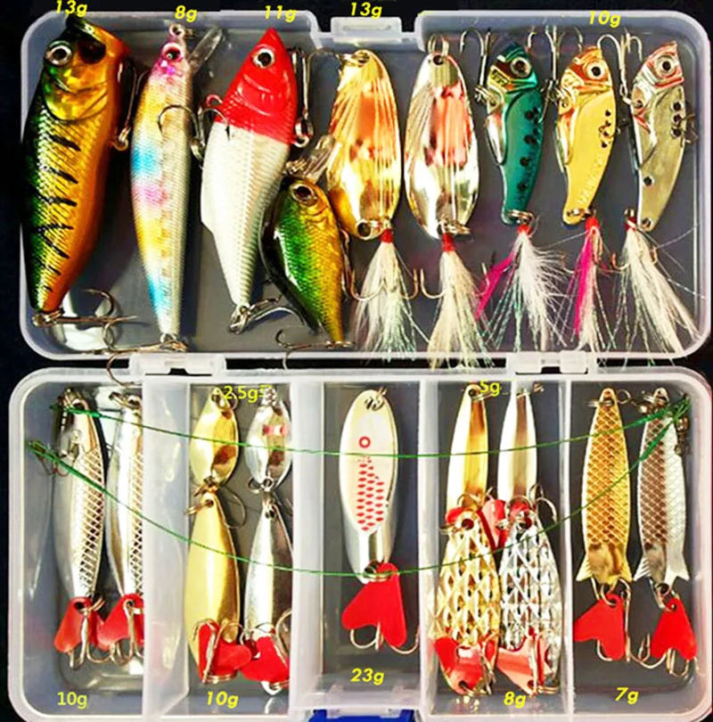 Premium fishing lure kit: crankbaits, soft plastics, jigs, spoons. Ideal for fresh & saltwater bass fishing.
