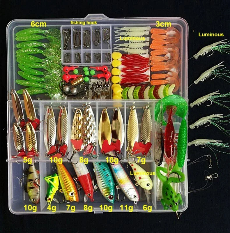 Comprehensive fishing lure & tackle kit. Jigs, spoons, crankbaits, soft plastics for any angler.