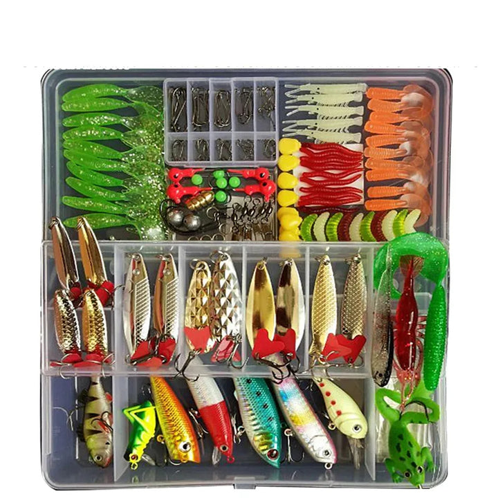 High-quality fishing lure assortment: soft plastics, jigs, spoons, crankbaits for varied fishing styles.