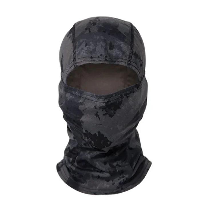 Camouflage tactical balaclava for military, hunting & airsoft; sun and cold protection.