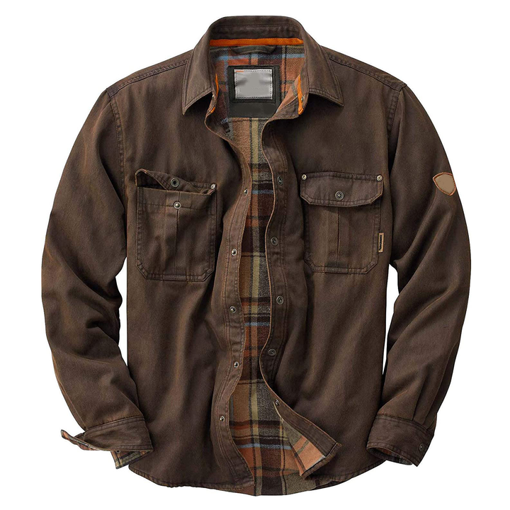 Stylish men's coffee trucker jacket, a versatile, all-season outerwear piece for rugged workwear or everyday fashion.