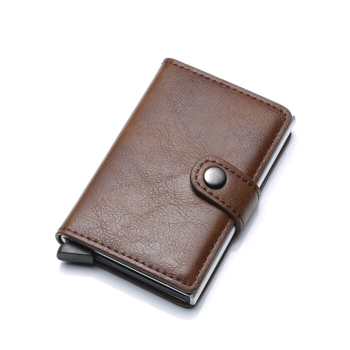 Slim men's wallet with RFID protection, aluminum cardholder, and integrated money clip.