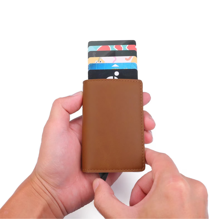Sleek black aluminum cardholder wallet for men with a robust money clip.