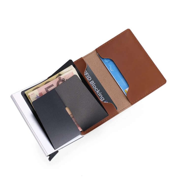 Men's slim aluminum RFID credit card holder wallet, modern design with a metal money clip.