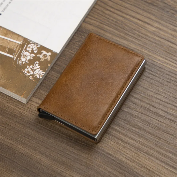Compact men's aluminum cardholder wallet, holding multiple cards & cash, with a money clip.