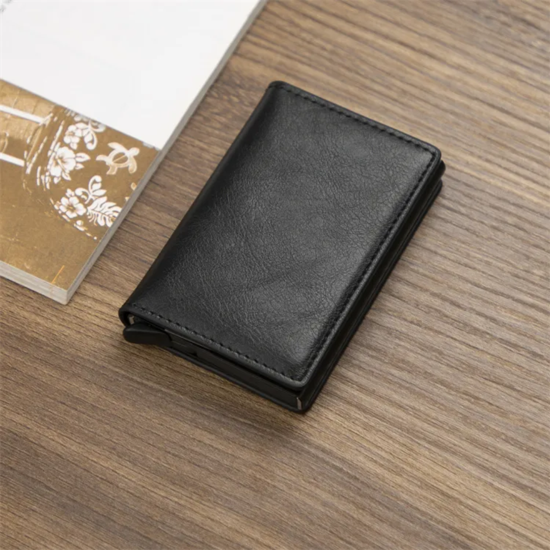 Modern men's aluminum wallet & cardholder with money clip for minimalist everyday carry.