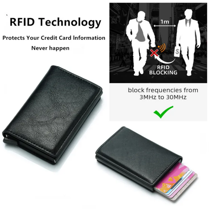 Men's aluminum minimalist wallet with money clip displayed on a clean surface.