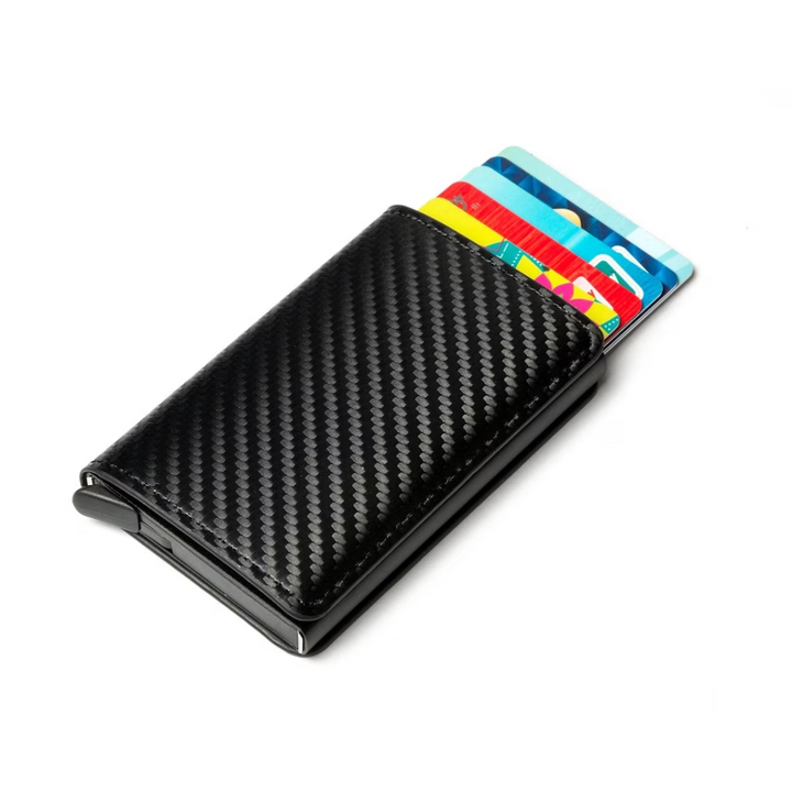 Men's aluminum cardholder wallet, open to show card slots, with a functional money clip.