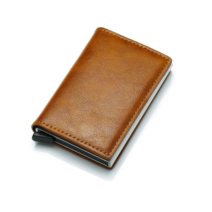 Durable aluminum credit card holder wallet for men with a secure money clip.