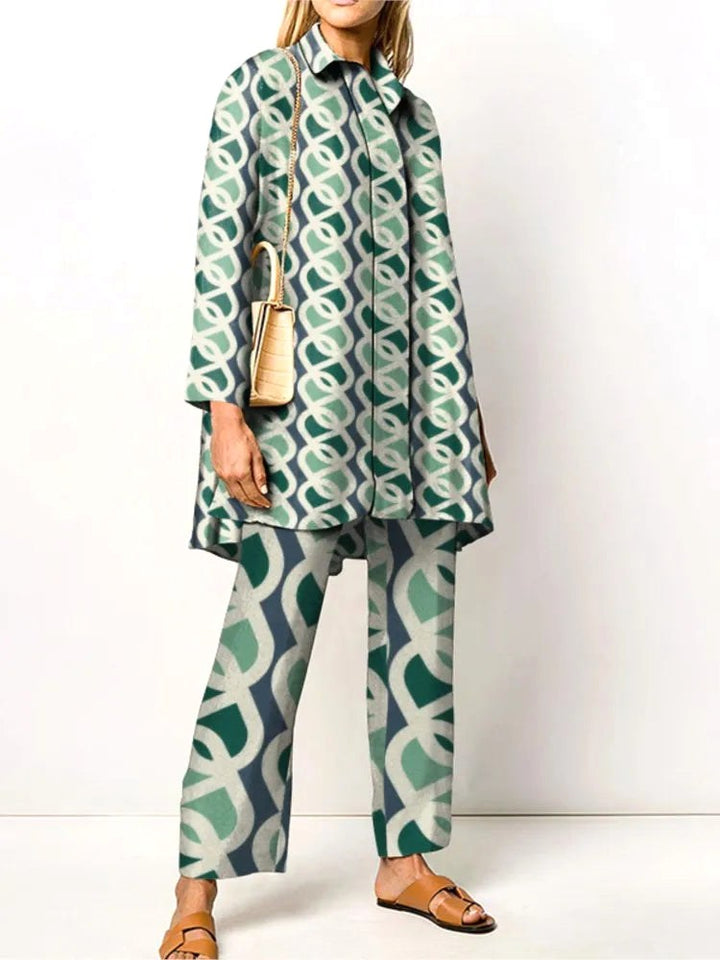 Elegant women's coordinated blouse and trousers two-piece set, perfect for versatile fashion.