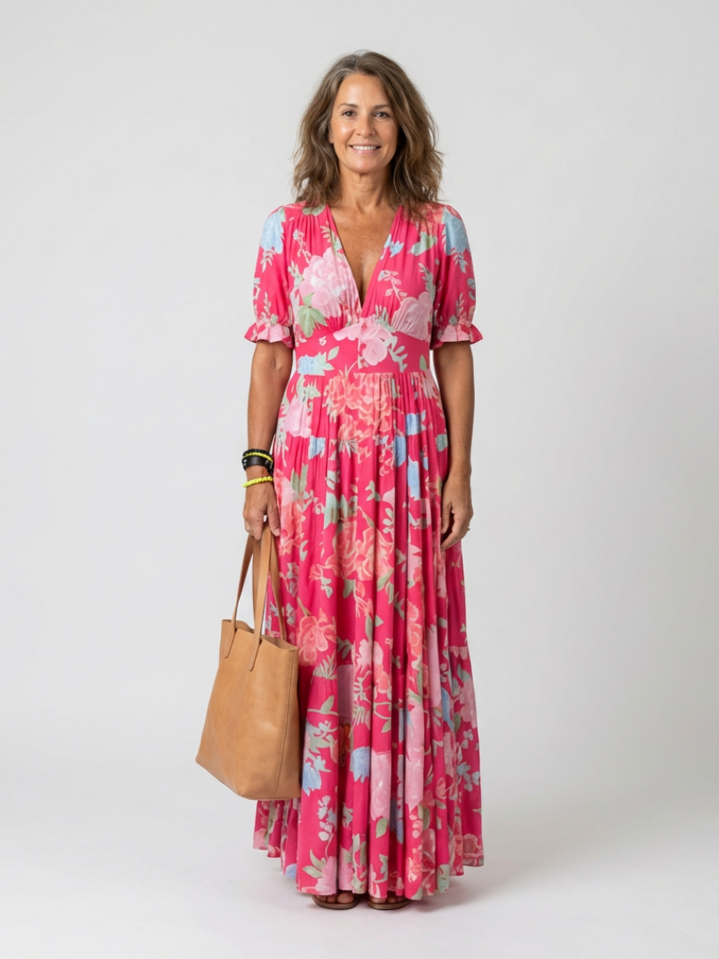 Elegant women's floral maxi dress with V-neck & flutter sleeves, perfect for races or garden weddings.