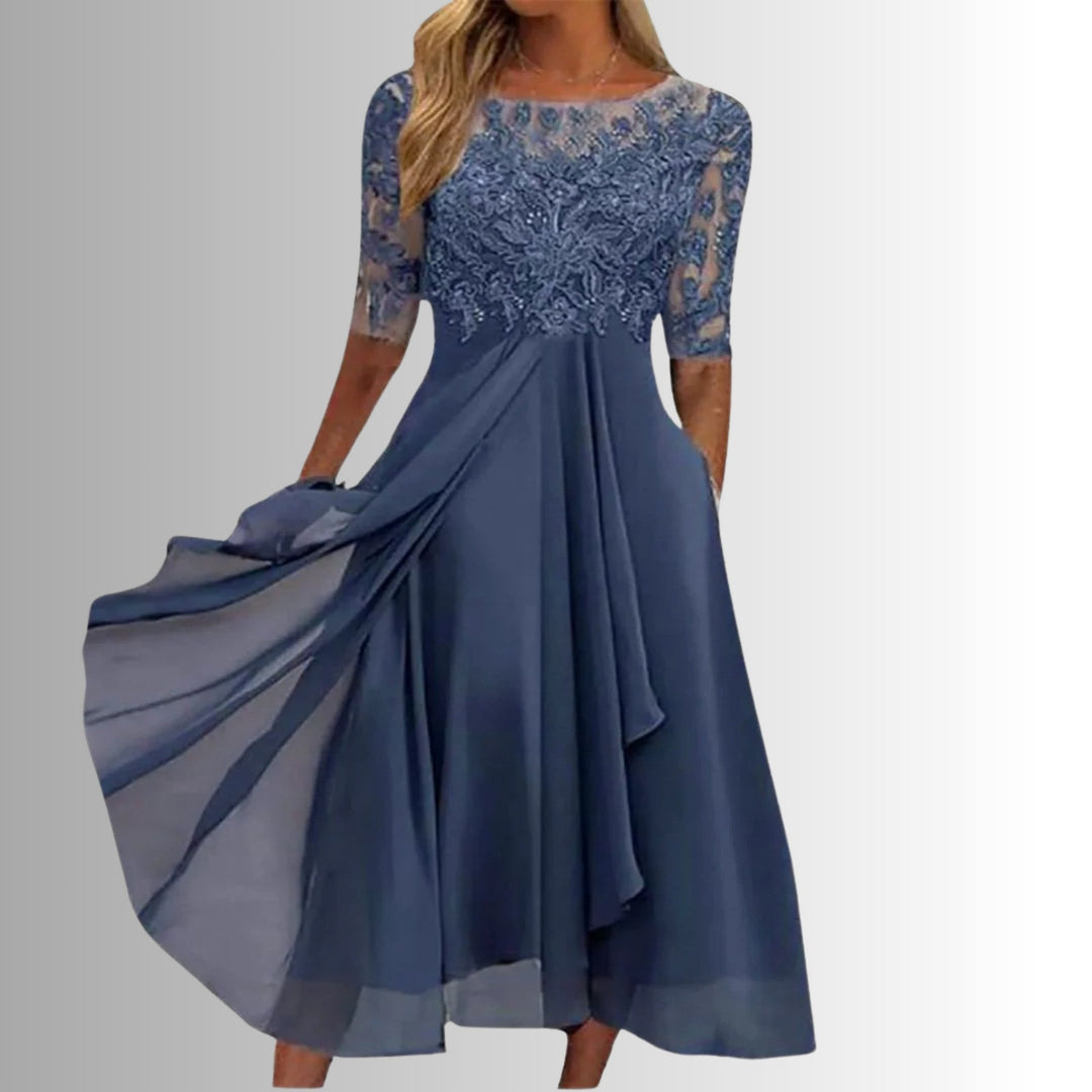 Elegant women's midi dress, perfect for sophisticated evening events, weddings, or formal parties. Flattering silhouette.
