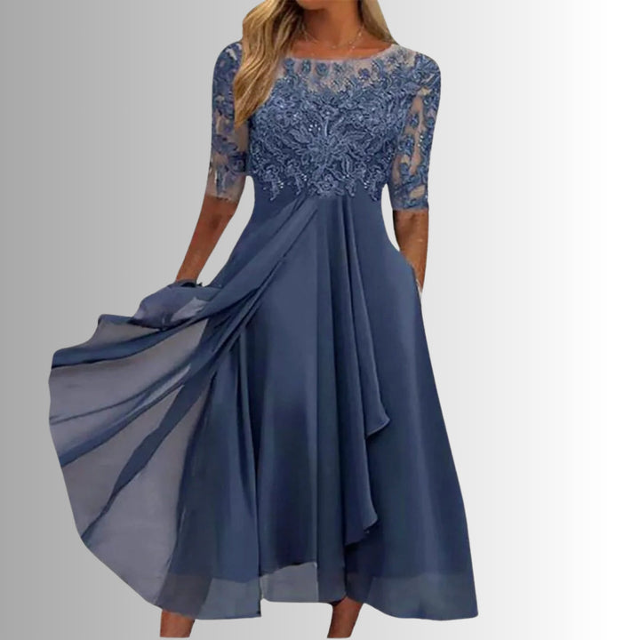 Elegant women's midi dress, perfect for sophisticated evening events, weddings, or formal parties. Flattering silhouette.