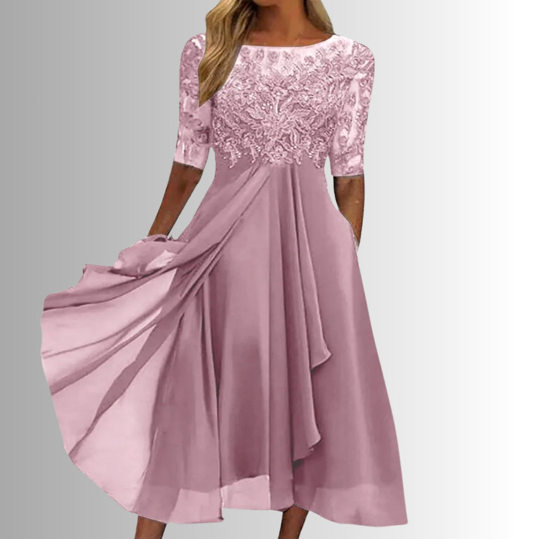 Sophisticated women's midi dress, ideal occasionwear for summer events, parties, or as a chic wedding guest dress.