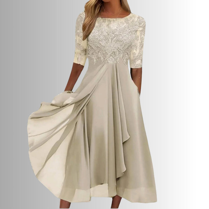 Flattering elegant midi dress for women, offering a sophisticated look for special occasions and formal eveningwear.
