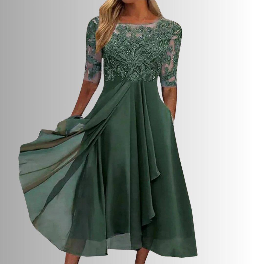 Versatile women's elegant midi dress, suitable for parties, formal dinners, or as a chic wedding guest outfit.