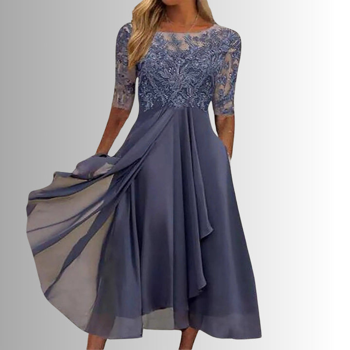 Fashionable women's flattering midi dress, an elegant choice for any special occasion, evening, or party.