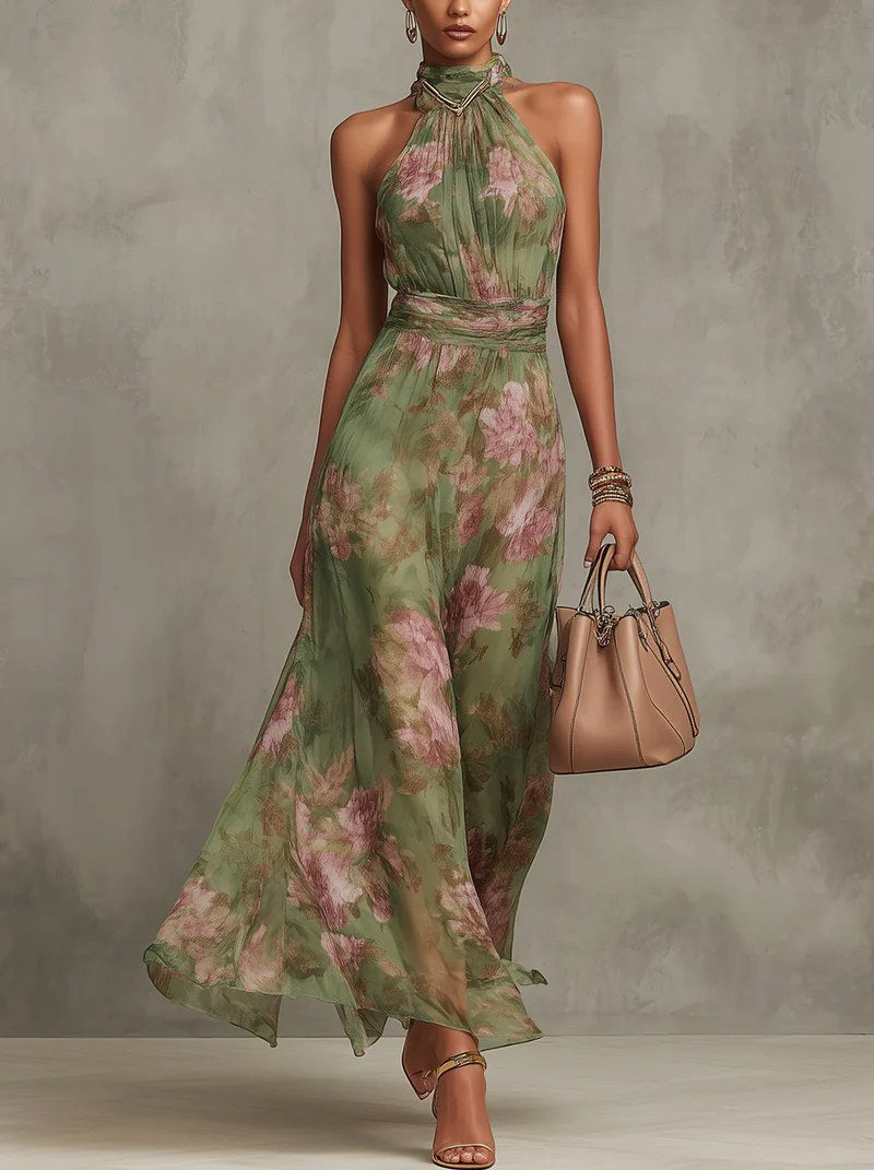 Elegant women's green floral print halter maxi dress, perfect for evening occasions & parties. Flowy & stylish.