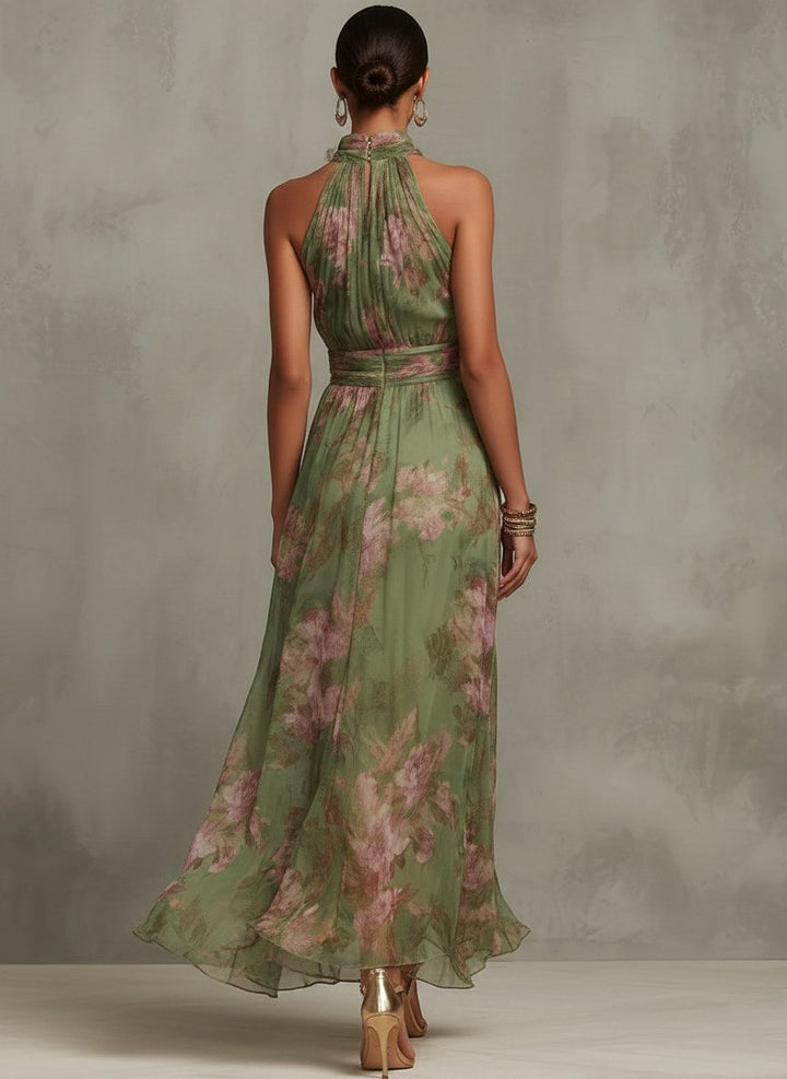 Stylish women's halter maxi dress with an elegant floral print, ideal for special occasion wear & parties.