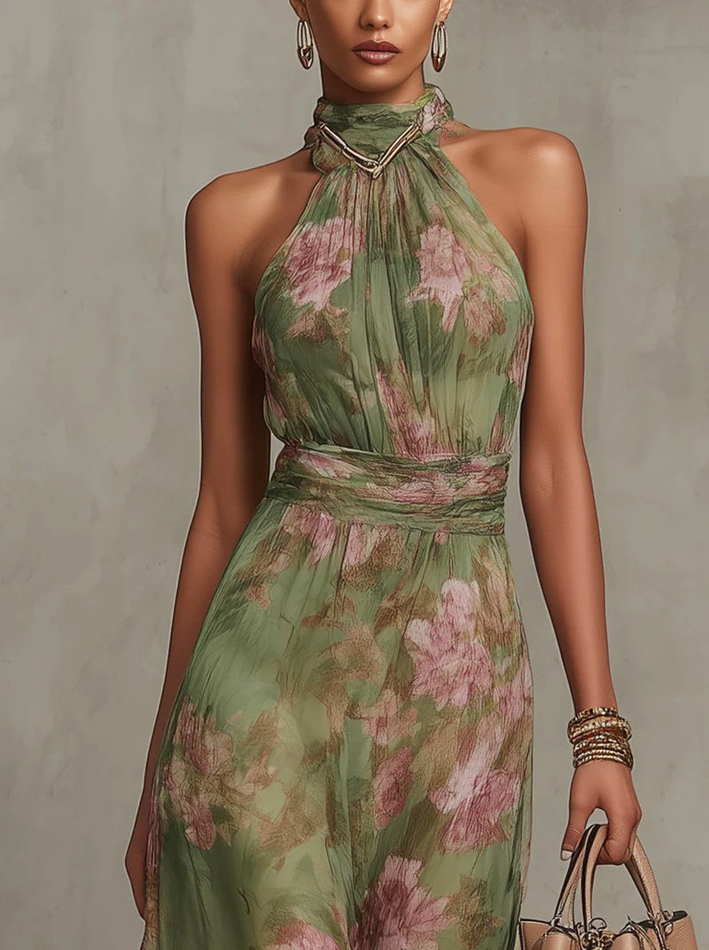 Flowy green floral print halter maxi dress for women, an elegant choice for evening events & party wear.