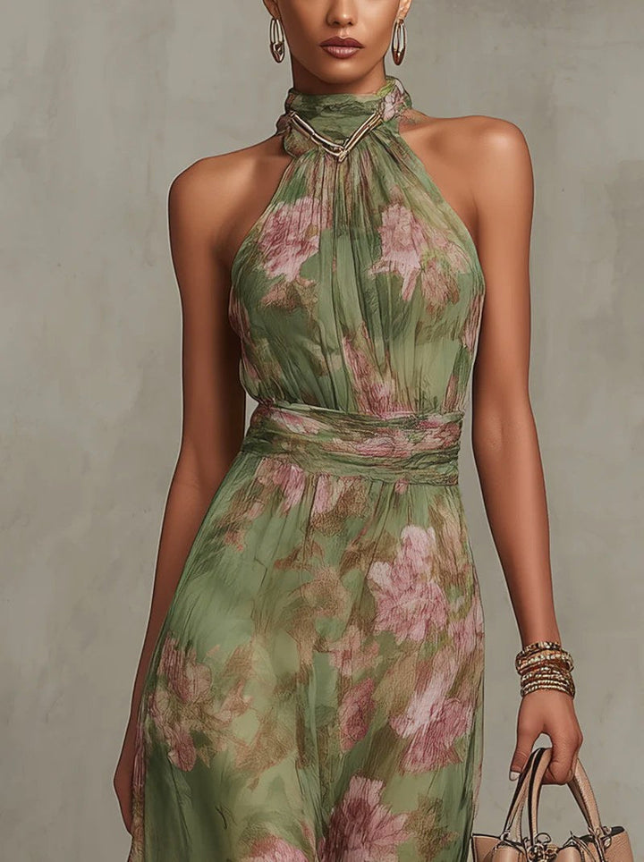Flowy green floral print halter maxi dress for women, an elegant choice for evening events & party wear.