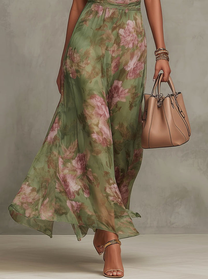 Women's elegant floral print halter maxi dress for occasions. Perfect party or evening wear, flowy design.