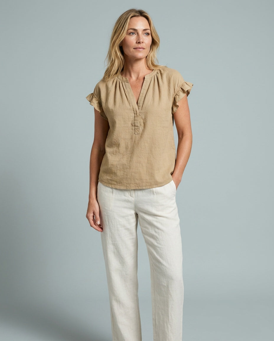 White Women's Timeless Ruffle Sleeve V-Neck Blouse, perfect for effortless casual style.