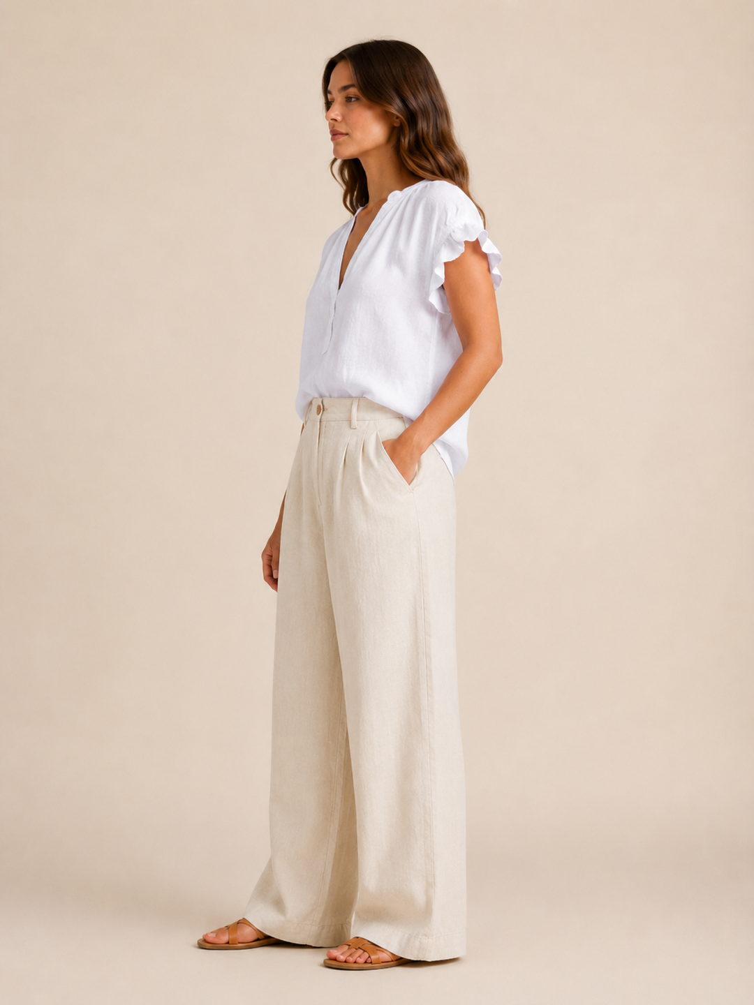 Beige summer outfit V-neck top, a women's blouse with cap sleeves for effortless style.