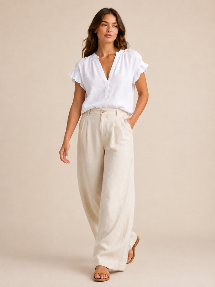 White women's casual blouse, a V-neck top with elegant ruffle sleeves for versatile fashion.
